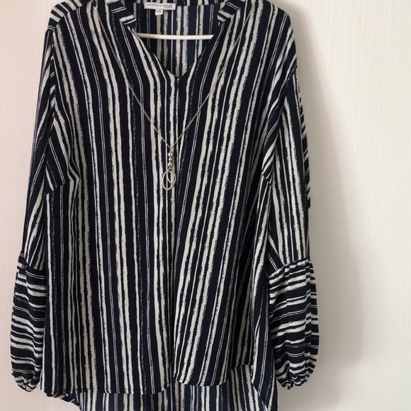 Woman’s fall notations V-neck blue and white striped blouse with hooked chain - Picture 1 of 14